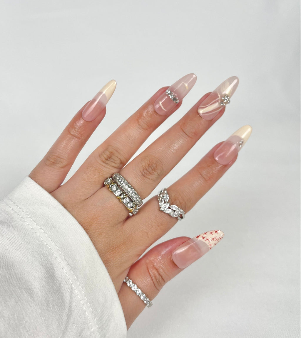 Red Cross Stitch press-on nails nude gradient with red embroidery art — Ayna.B Dubai UAE