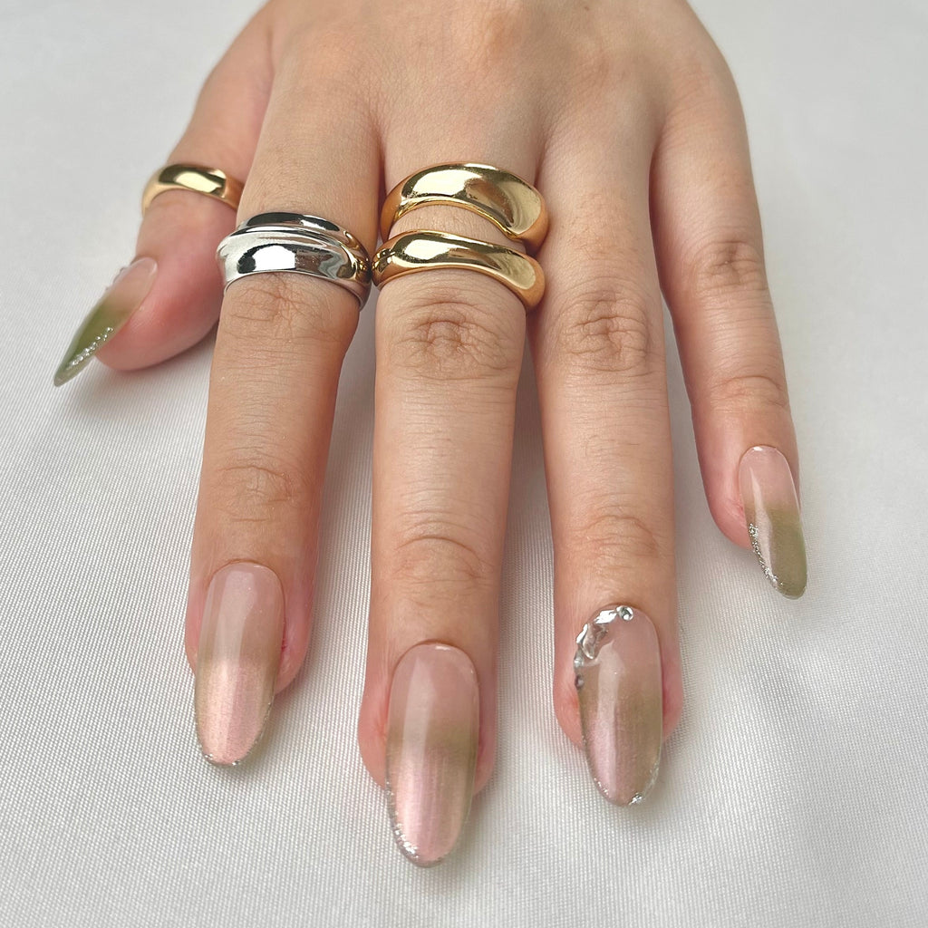 Olive Green press-on nails warm earthy gradient design — trendy luxury nail art — Ayna.B Dubai
