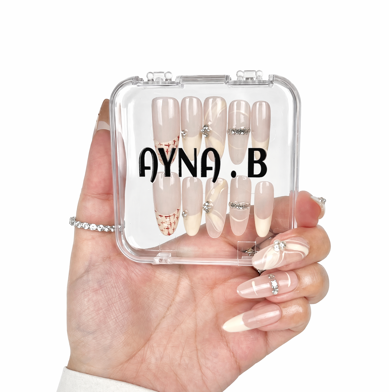 Red Cross Stitch luxury nail set white background — oval almond shape glossy finish — Ayna.B