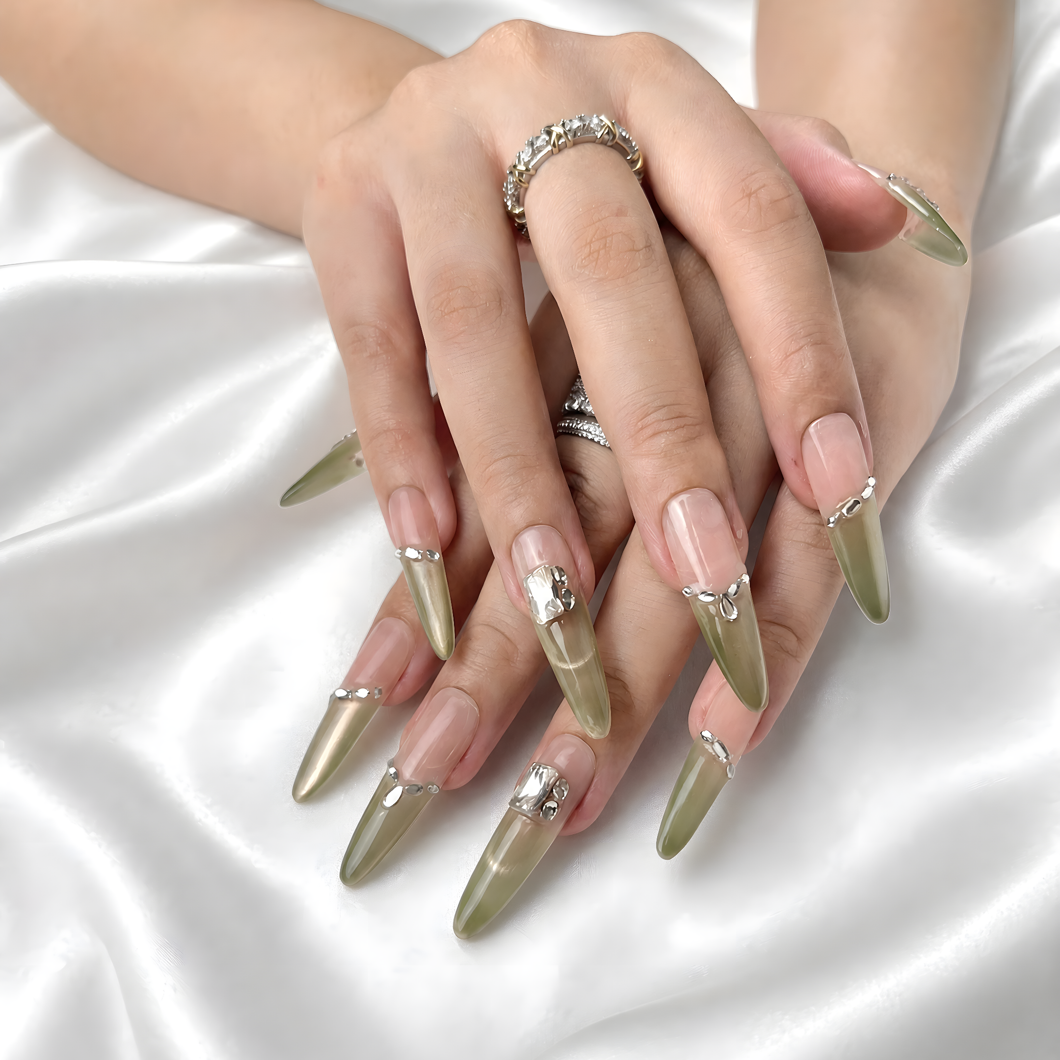 Gilded Meadow luxury nail set white background — soft floral gold accents — Ayna.B UAE