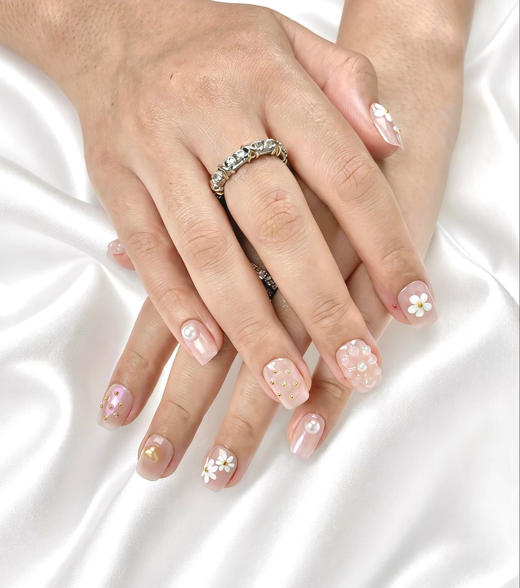 First Love Syrup press-on nails fresh color — milky white glossy finish — salon-quality manicure at home — Ayna.B UAE